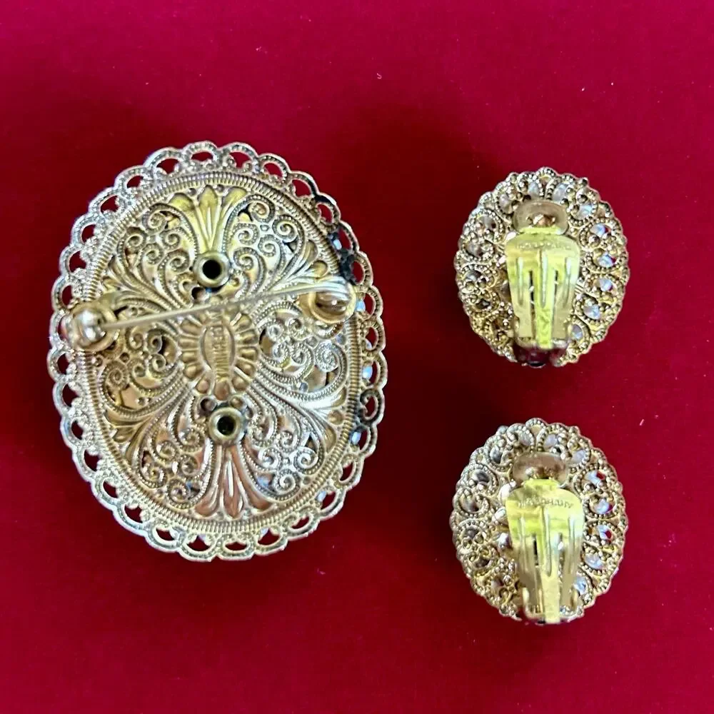 Vintage W. Germany Victorian Revival Cameo Brooch & Clip-On Earring Set